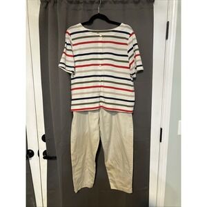 Season Ticket Striped Button Back Top & Beige Pants Set, Women's Large Set
